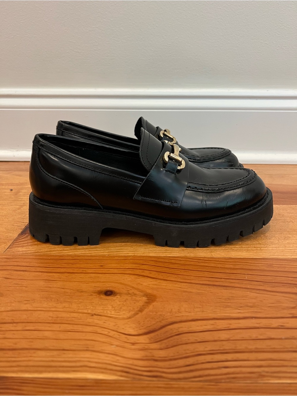 Steve Madden Lando Shoes Womens 8M Black Leather Chunky Lug Horsebit Loafers NEW - Picture 3 of 14